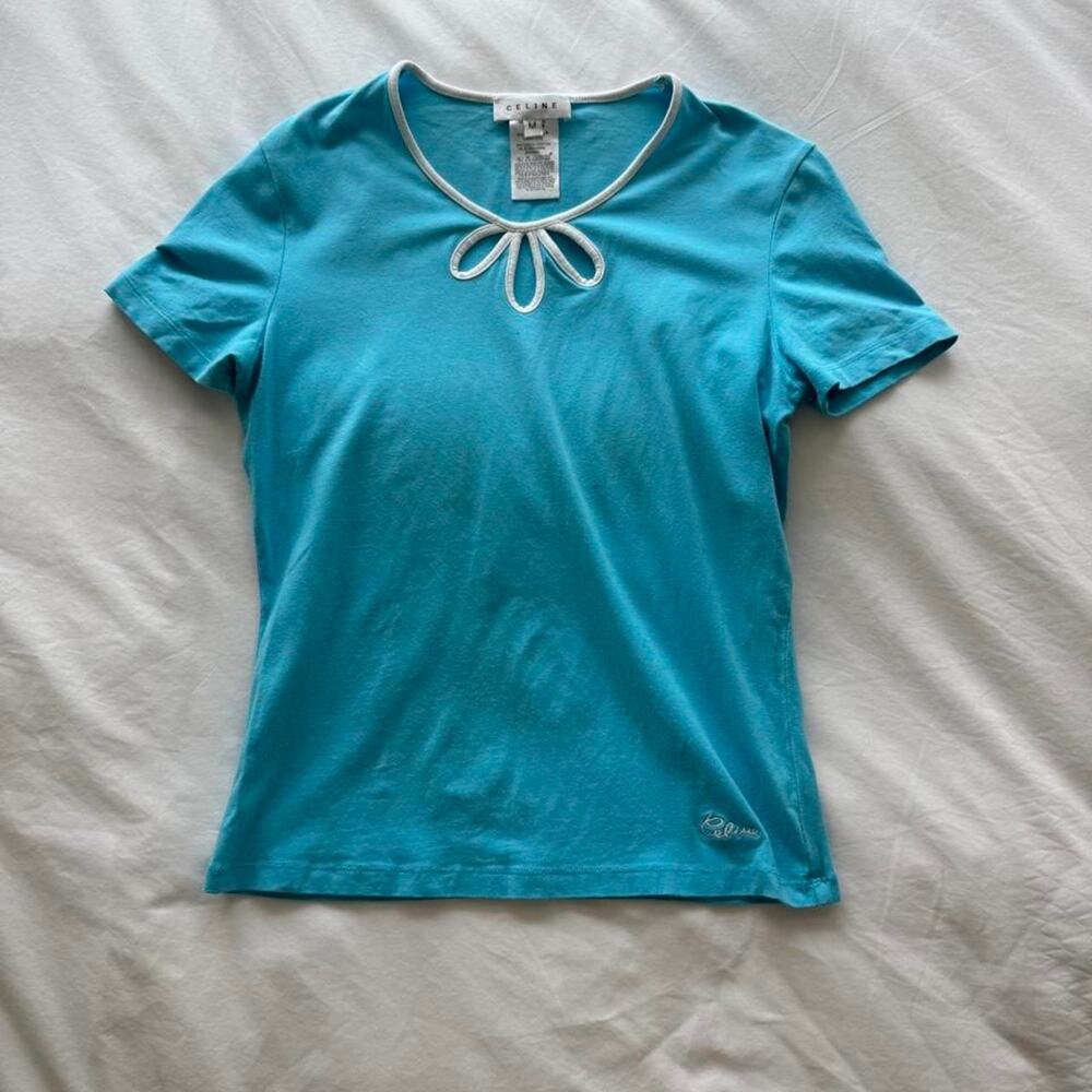 Celine blue cotton 80s t shirt with white trim and bow detail